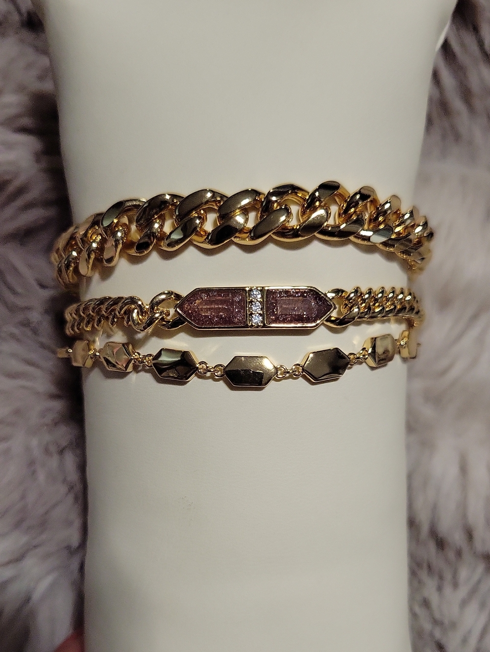 Stacked Gold Bracelet Set with Pink Glitter Accent